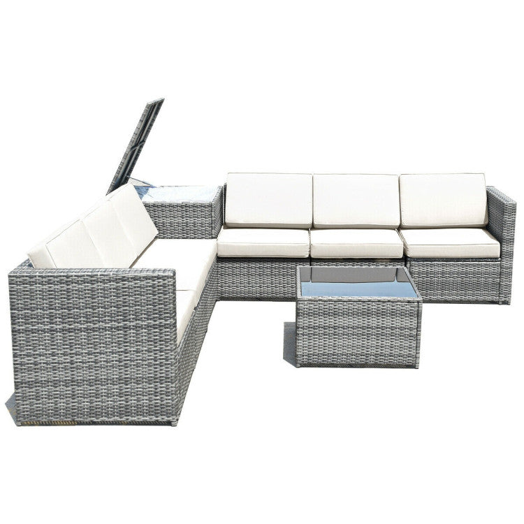 8-Piece Wicker Sofa Rattan Dining Set Patio Furniture with Storage Table