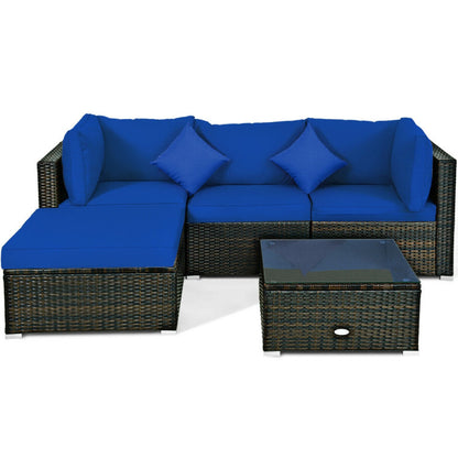 5 Piece Outdoor Patio Rattan Furniture Set Sectional Conversation with Cushions