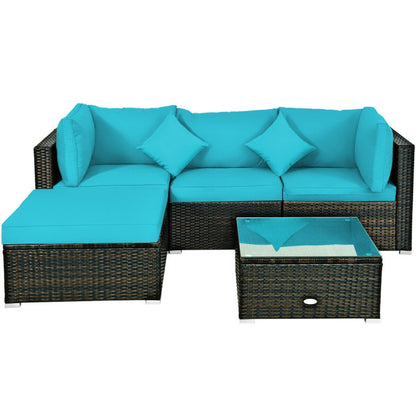 5 Piece Outdoor Patio Rattan Furniture Set Sectional Conversation with Cushions