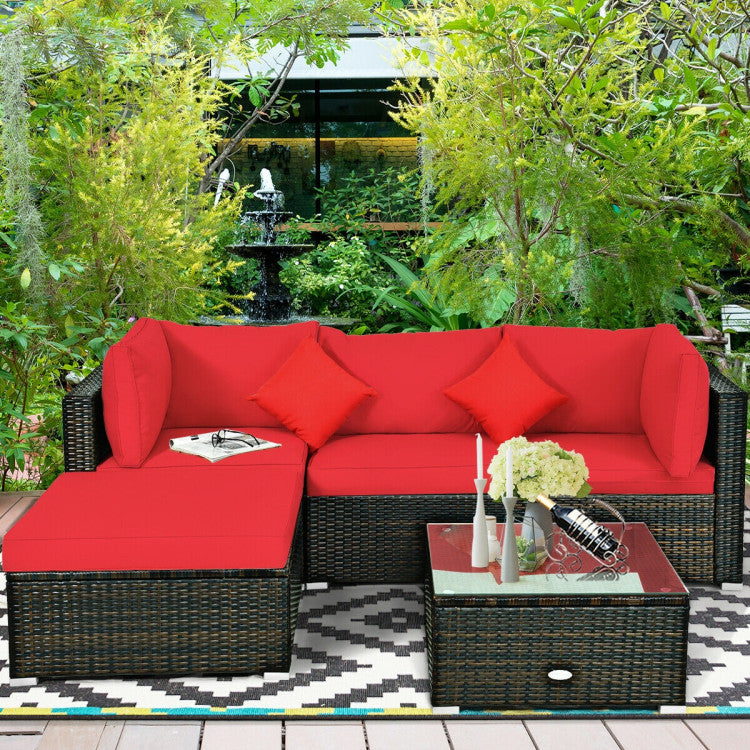 5 Piece Outdoor Patio Rattan Furniture Set Sectional Conversation with Cushions