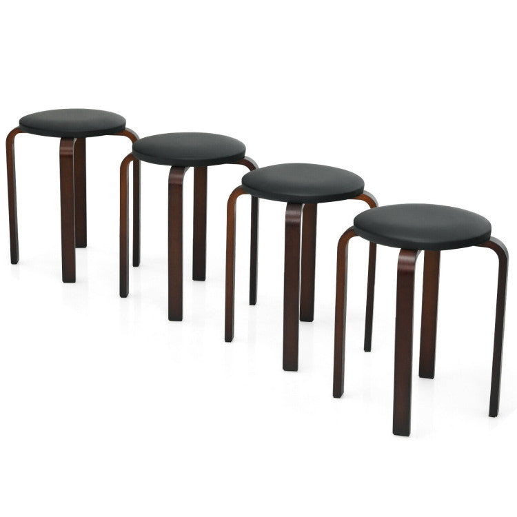 4-Pack Bentwood Stack Stools with PU Leather Round Top