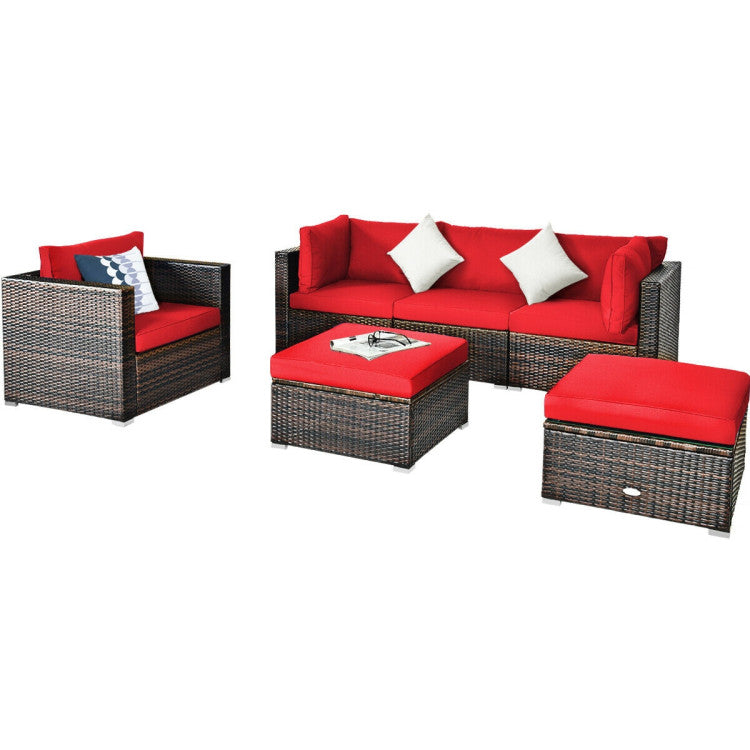 6 Piece Patio Rattan Furniture Set with Sectional Cushion