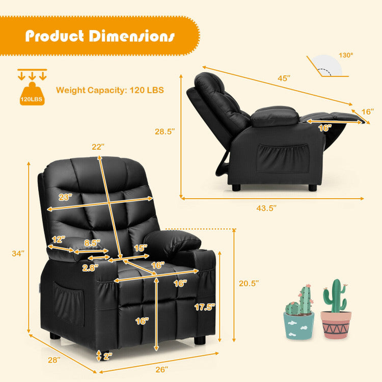 Kids PU Leather/Velvet Fabric Kids Recliner Chair with Cup Holders