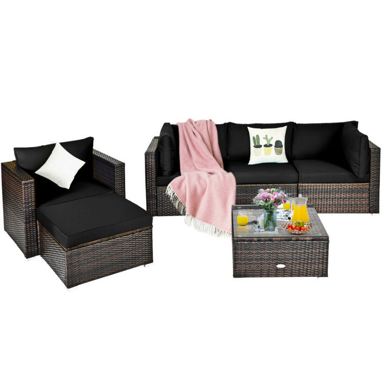 6 Piece Patio Rattan Furniture Set with Sectional Cushion