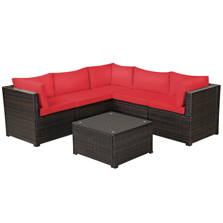 6 Piece Rattan Patio Sectional Sofa Set with Cushions for 4-5 Persons