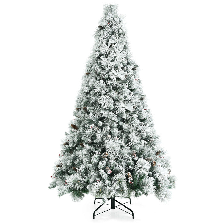 7-Ft Snow-Flocked Christmas Tree with Pine Cone and Red Berries
