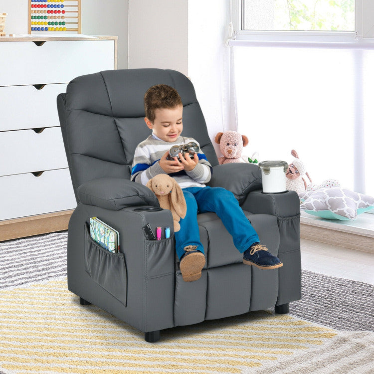 Kids PU Leather/Velvet Fabric Kids Recliner Chair with Cup Holders