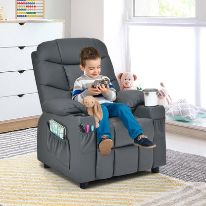 Kids PU Leather/Velvet Fabric Kids Recliner Chair with Cup Holders