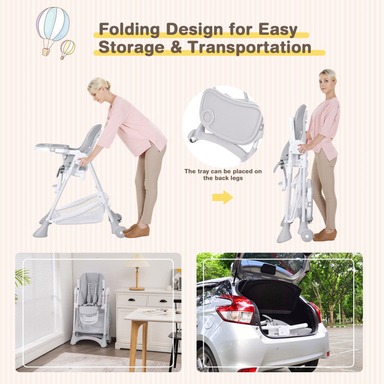 Baby Folding Chair with Wheel Tray and Storage Basket