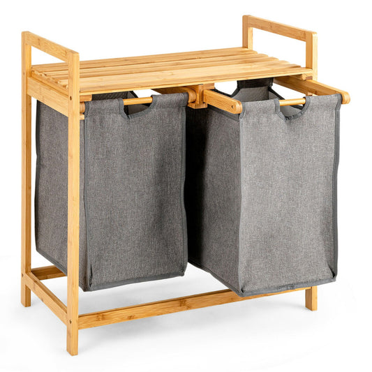 Bamboo Laundry Hamper with Dual Compartment Laundry Sorter and Sliding Bags