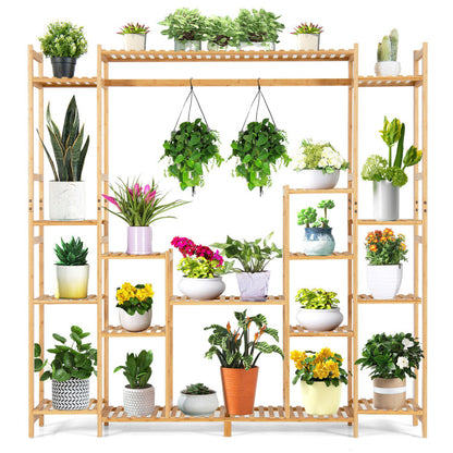 9-Tier Bamboo Plant Stand with Hanging Rack