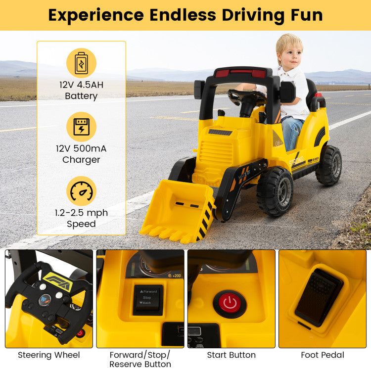 12V Kids Ride-On Construction Tractor with Electric Adjustable Bucket