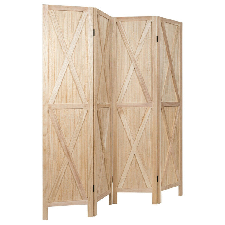 4-Panel Wood Room Divider with X-shaped Ornament