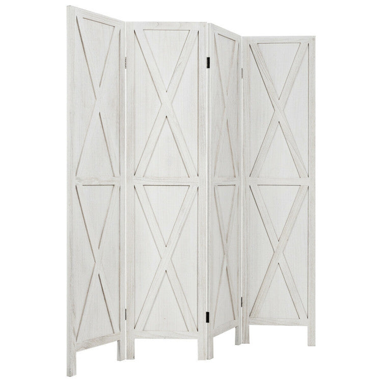 4-Panel Wood Room Divider with X-shaped Ornament