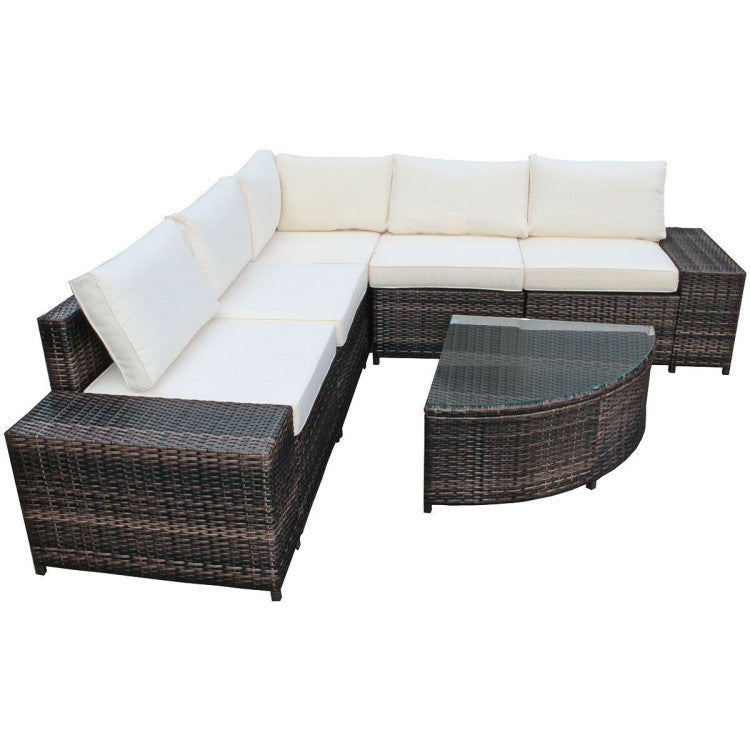 6-Piece Wicker Patio Sectional Sofa Set with Tempered Glass Coffee Table