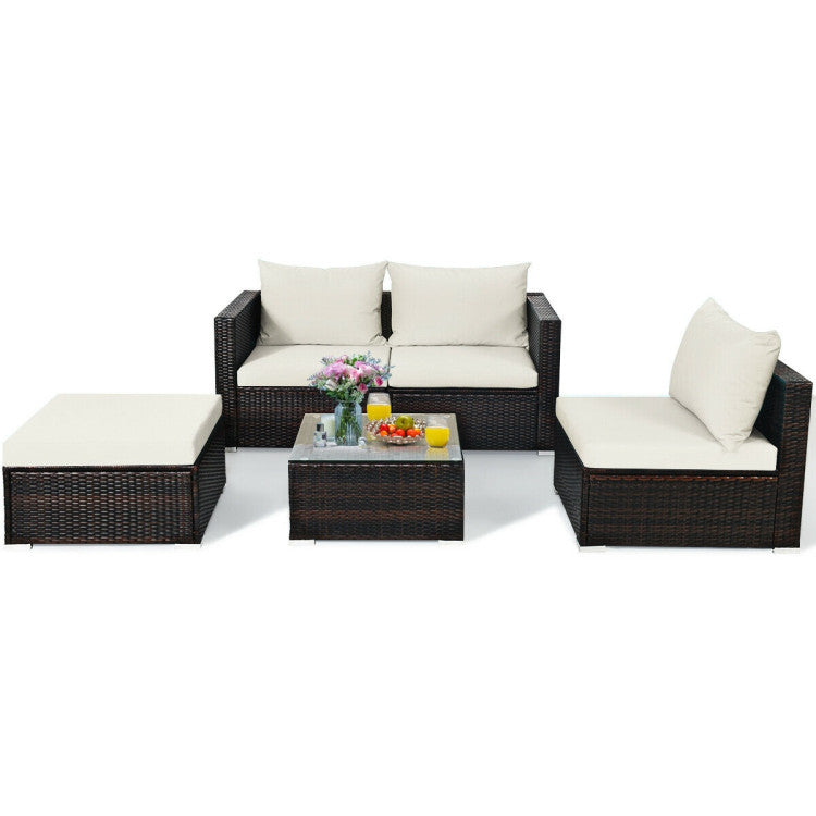 5 Pieces Patio Rattan Sectional Furniture Set with Cushions and Coffee Table