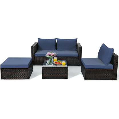 5 Pieces Patio Rattan Sectional Furniture Set with Cushions and Coffee Table