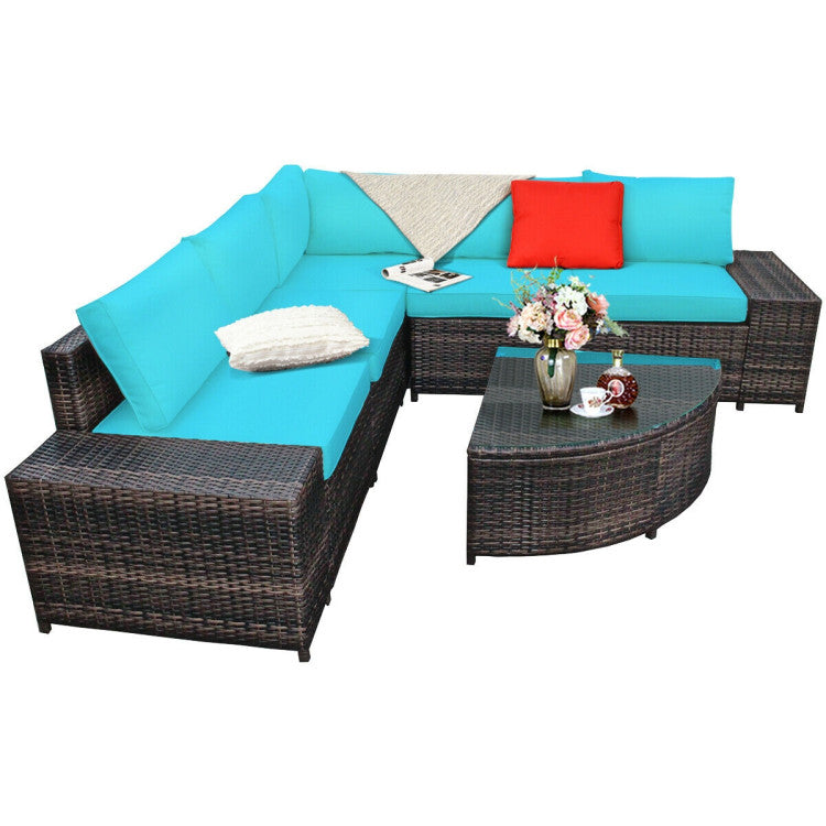 6-Piece Wicker Patio Sectional Sofa Set with Tempered Glass Coffee Table