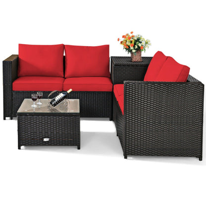 4 Piece Outdoor Patio Rattan Furniture Set with Loveseat and Storage Box