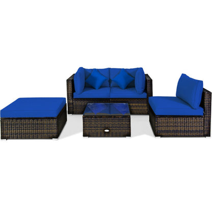 5 Piece Outdoor Patio Rattan Furniture Set Sectional Conversation with Cushions