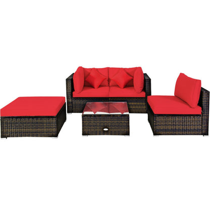 5 Piece Outdoor Patio Rattan Furniture Set Sectional Conversation with Cushions