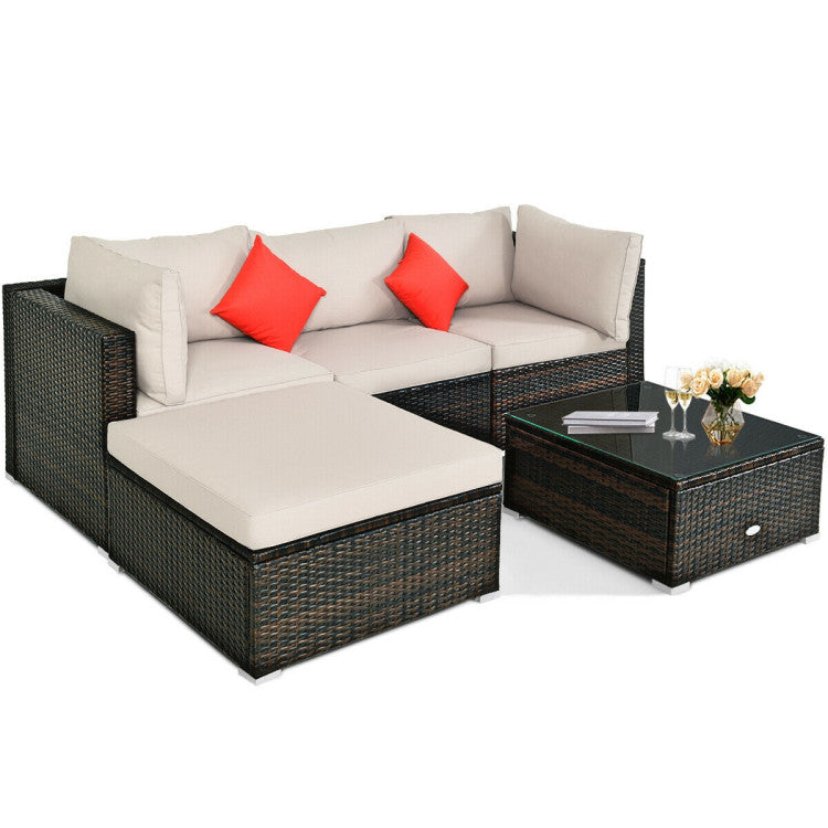 5 Piece Outdoor Patio Rattan Furniture Set Sectional Conversation with Cushions