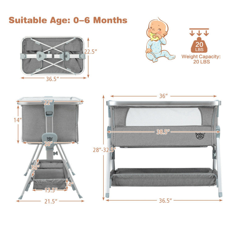 Portable Baby Bed Side Crib with 7 Height Positions