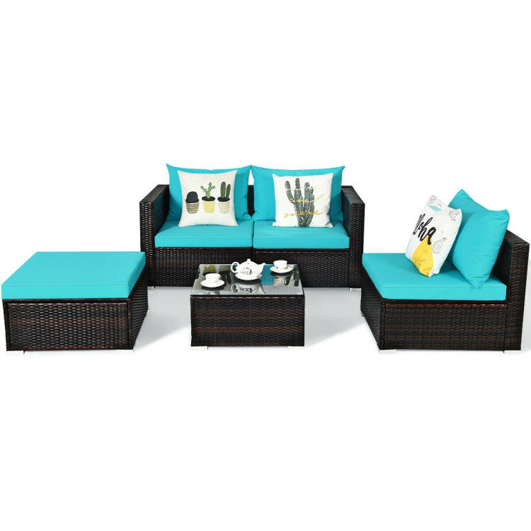 5 Pieces Patio Rattan Sectional Furniture Set with Cushions and Coffee Table