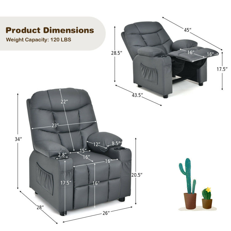 Kids PU Leather/Velvet Fabric Kids Recliner Chair with Cup Holders