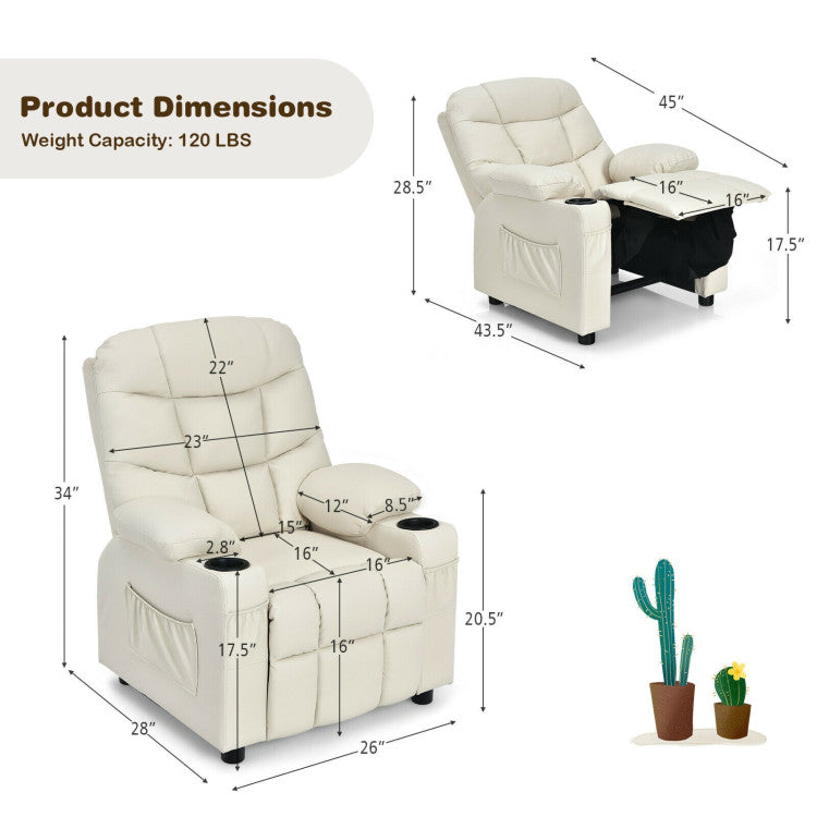 Kids PU Leather/Velvet Fabric Kids Recliner Chair with Cup Holders