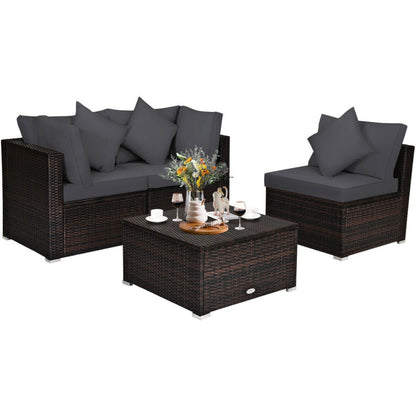 4 Piece Patio Rattan Furniture Set with Removable Cushions and Pillows