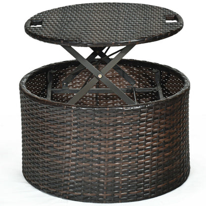 Patio Round Rattan Daybed with Retractable Canopy and Height-Adjustable Coffee Table