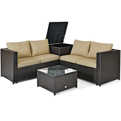 4 Piece Outdoor Patio Rattan Furniture Set with Loveseat and Storage Box