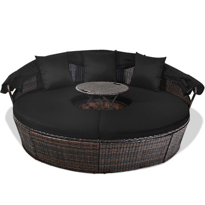 Patio Round Rattan Daybed with Retractable Canopy and Height-Adjustable Coffee Table