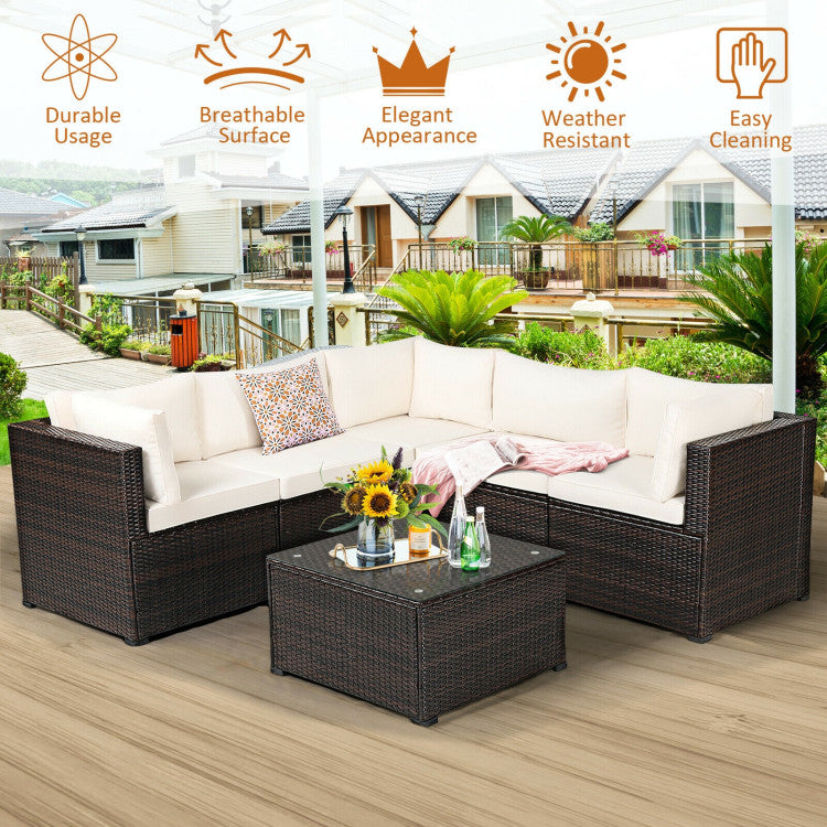 6 Piece Rattan Patio Sectional Sofa Set with Cushions for 4-5 Persons