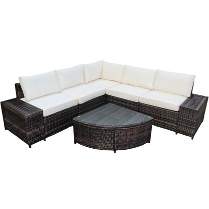 6-Piece Wicker Patio Sectional Sofa Set with Tempered Glass Coffee Table