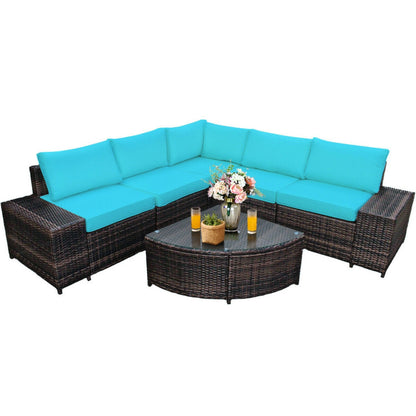 6-Piece Wicker Patio Sectional Sofa Set with Tempered Glass Coffee Table