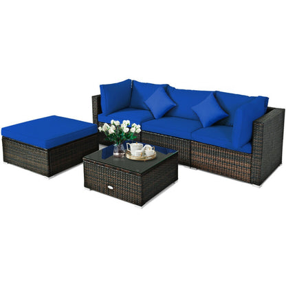 5 Piece Outdoor Patio Rattan Furniture Set Sectional Conversation with Cushions