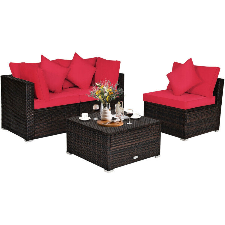 4 Piece Patio Rattan Furniture Set with Removable Cushions and Pillows