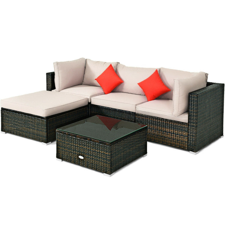 5 Piece Outdoor Patio Rattan Furniture Set Sectional Conversation with Cushions