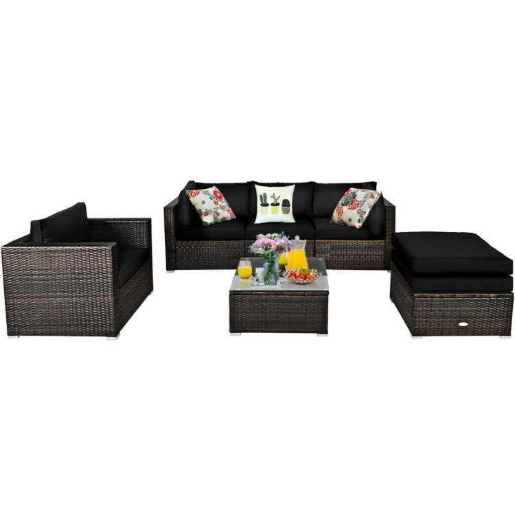 6 Piece Patio Rattan Furniture Set with Sectional Cushion