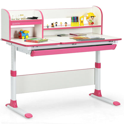 Adjustable-Height Study Desk with Drawer and Tilted Desktop for School and Home