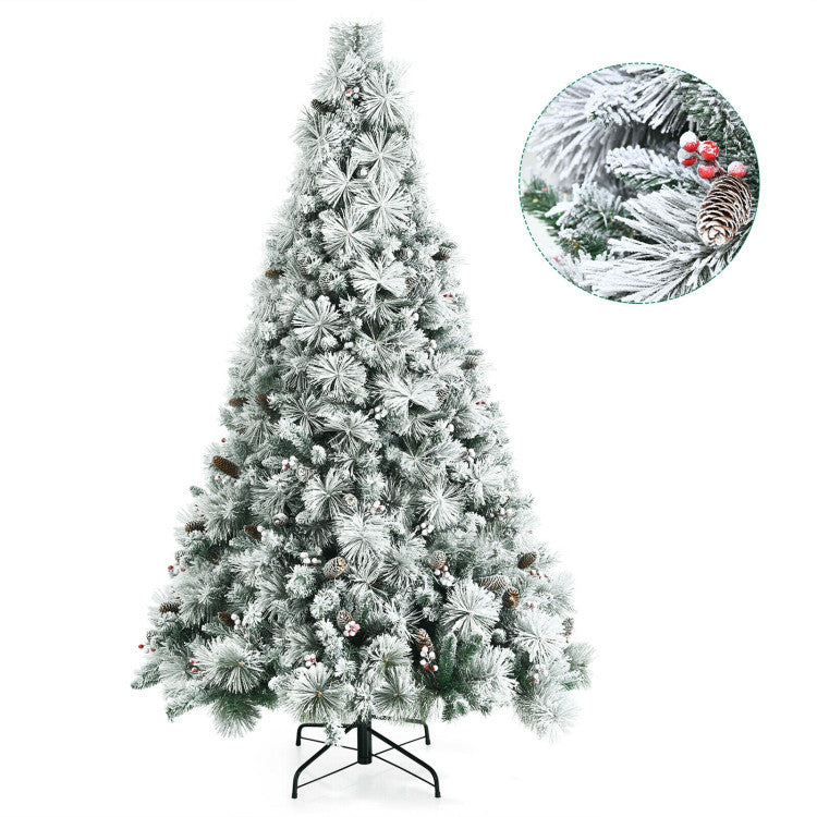 7-Ft Snow-Flocked Christmas Tree with Pine Cone and Red Berries