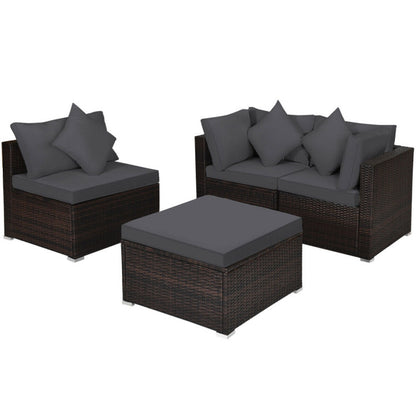 4 Piece Patio Rattan Furniture Set with Removable Cushions and Pillows