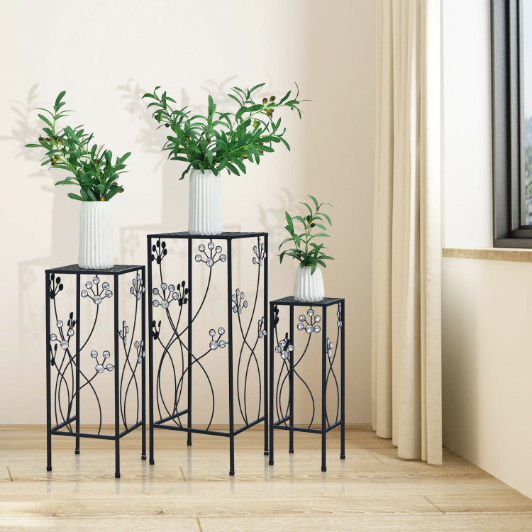3 Piece Flower Pot Display Rack with Vines and Crystal Floral Accents Square