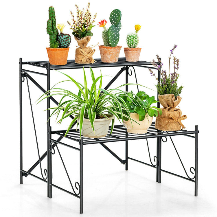 2-Tier Stair-Style Metal Plant Stand for Indoor and Outdoor