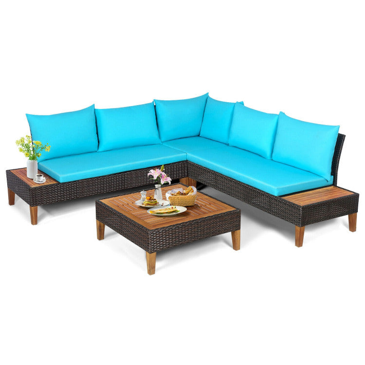 4 Piece Patio Cushioned Rattan Furniture Set with Wooden Side Table