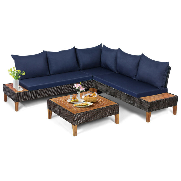 4 Piece Patio Cushioned Rattan Furniture Set with Wooden Side Table