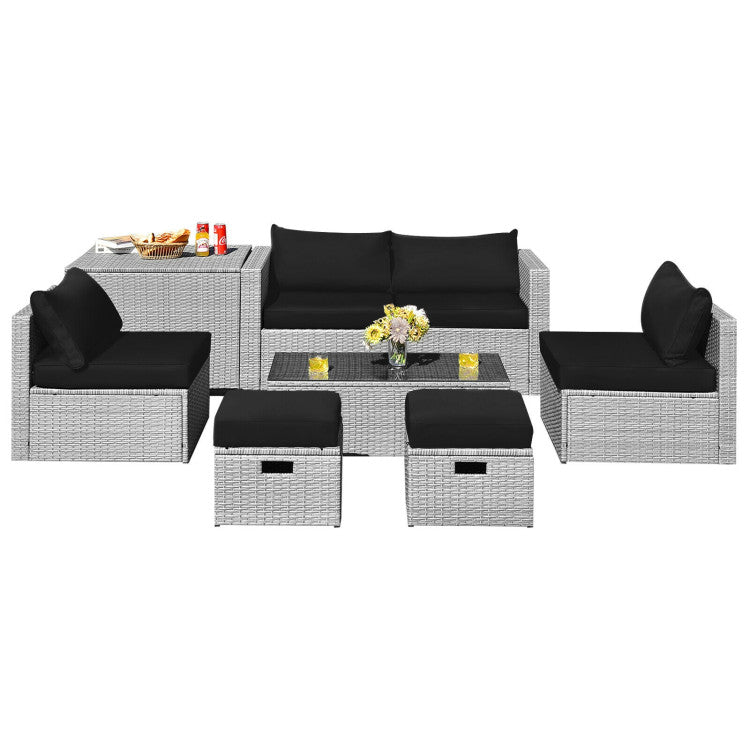 8-Piece Patio Cushioned Rattan Furniture Set with Storage and Waterproof Cover