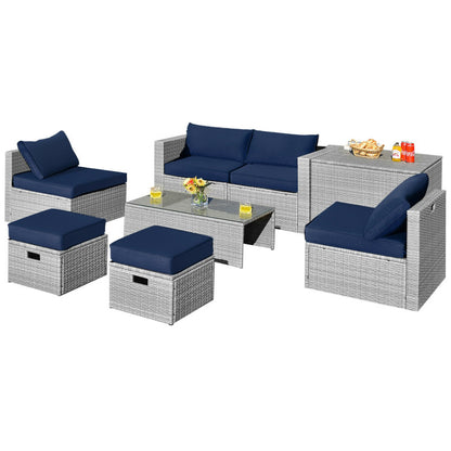 8-Piece Patio Cushioned Rattan Furniture Set with Storage and Waterproof Cover